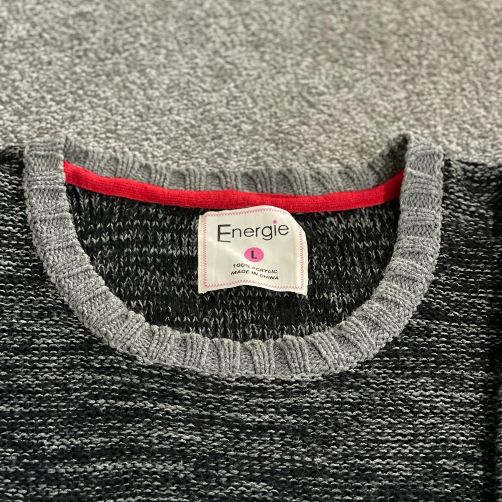 Energie Gray Red Trim Chunky Knit Sweater Women’s Large Y2K Crewneck Pullover